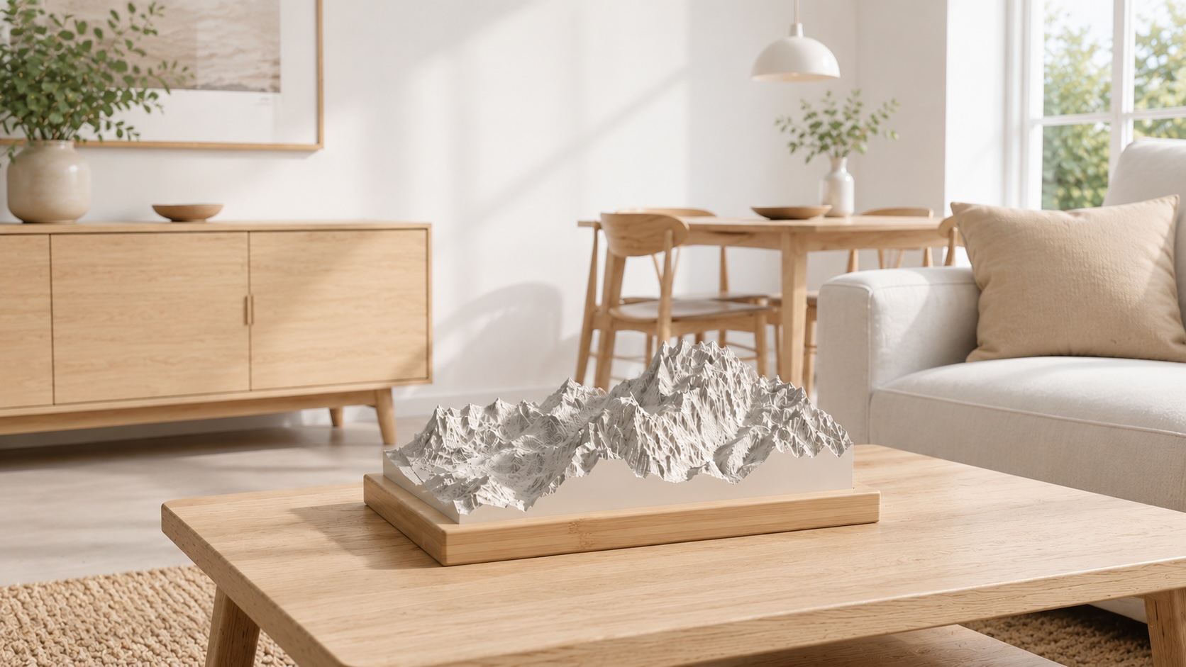 3D-Modell einer Landschaft aus Bambus und biobasiertem Kunststoff in einem Wohnzimmer